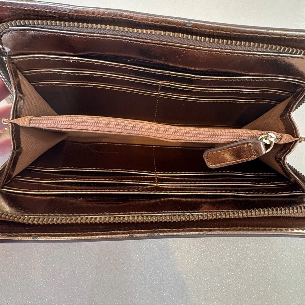 The Limited Tan and Gold Wallet Wristlet Clutch Gold Tassle Chain Beige striped